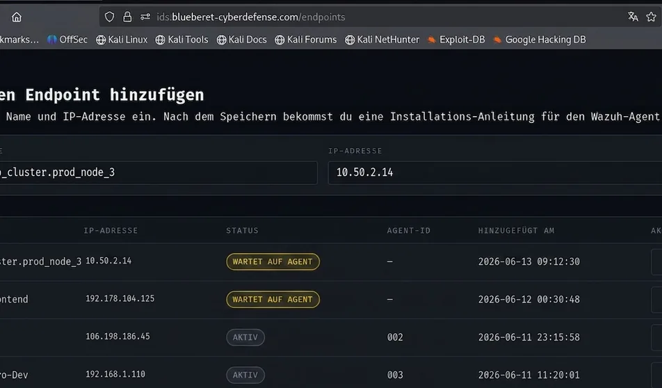 Endpoint hinzufügen: Liste der verbundenen Server